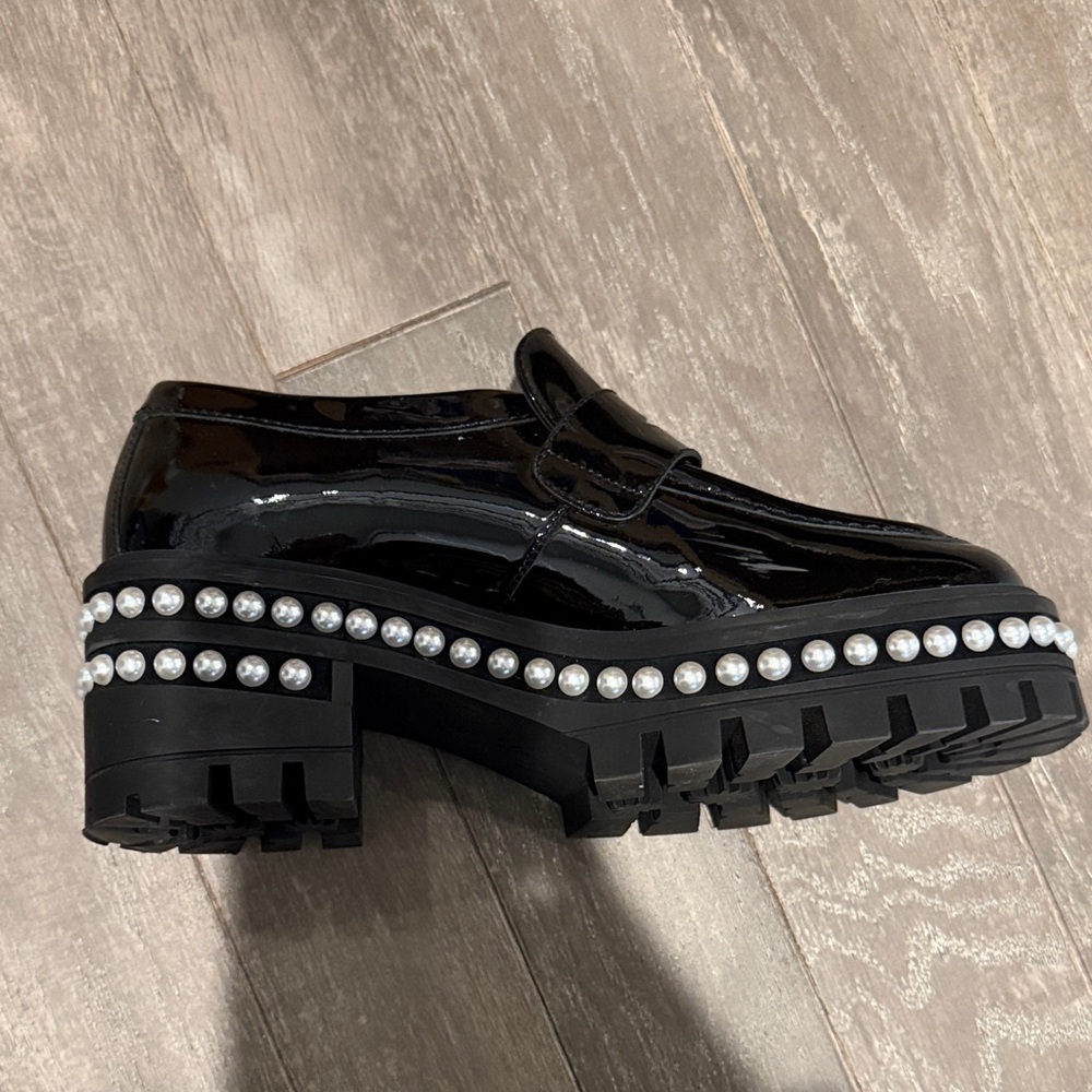 Stuart Weitzman Black Patent Loafers with Pearl Accents
